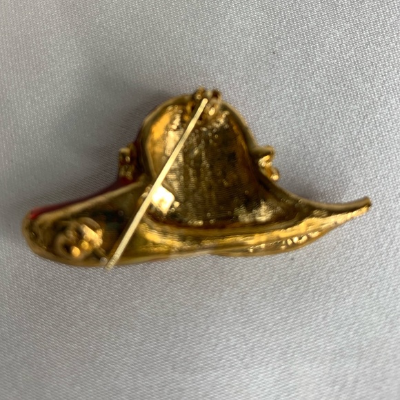 Gold Tone Red Enamel Purple And Clear Rhinestone Accented Red Hat Society Brooch - Picture 3 of 3